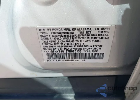 2007 Honda Pilot Lx z USA, uszkodzony, nr VIN 5FNYF18197B025138